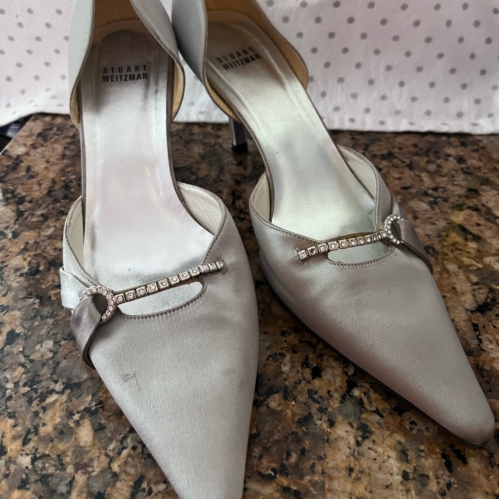 Silver satin Stuart Weitzman heels
